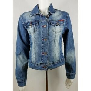SouthPole Womens Jean Jacket Size Juniors Medium Blue Denim Acid Wash Button Dow